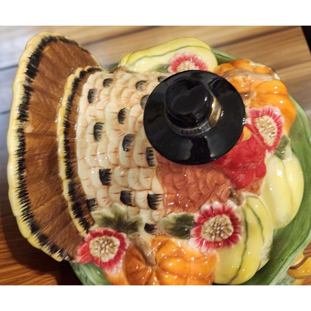 Fitz and Floyd Seasonal Cookie Jar Turkey in Pot of Gourds & Flowers LARGE EUC - Picture 6 of 10